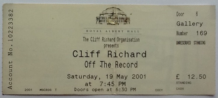 Cliff Richard Original Used Concert Ticket Royal Albert Hall London 2001