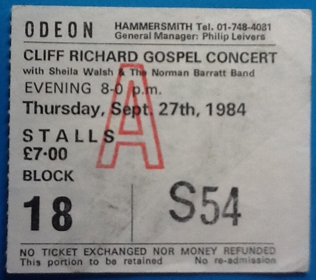 Cliff Richard Original Used Concert Ticket Hammersmith Odeon London 1984