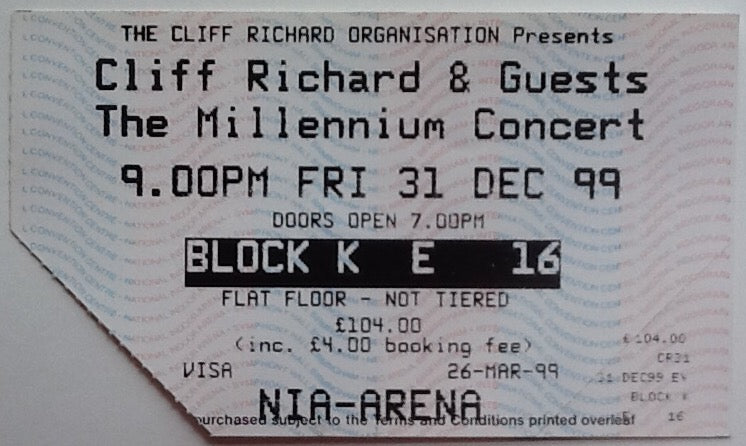 Cliff Richard Original Used Concert Ticket NIA Arena Birmingham 1999