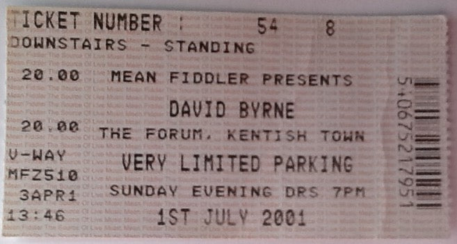 David Byrne Original Used Concert Ticket The Forum London 2001
