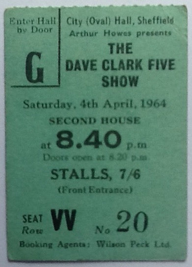 Dave Clark Five Kinks Hollies Original Used Concert Ticket Sheffield 1964