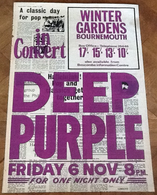 Deep Purple Rare Original Concert Tour Gig Poster Winter Gardens Bournemouth 1970