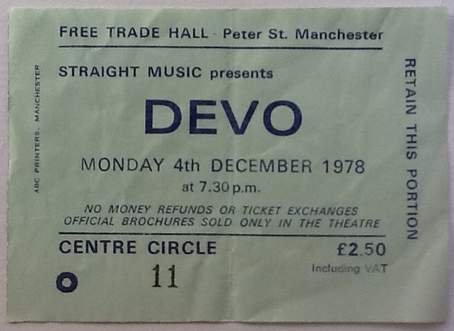 Devo Original Used Concert Ticket Free Trade Hall Manchester 1978