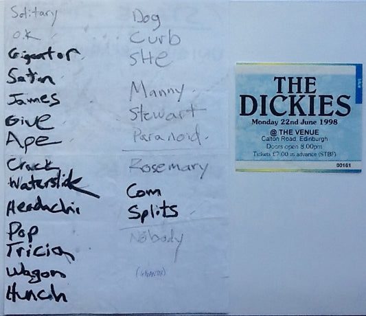 Dickies Original Used Concert Ticket and Handwritten Setlist The Venue Edinburgh 1998