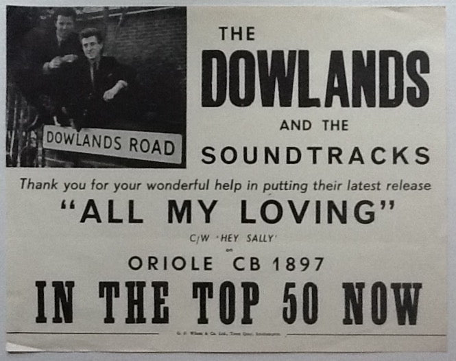 Dowlands All My Loving Original Promo Flyer Handbill Oriole 1963