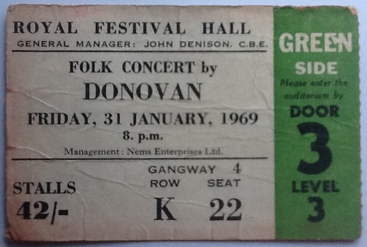 Donovan Original Used Concert Ticket Royal Festival Hall London 1969