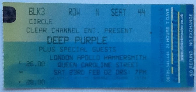 Deep Purple Original Used Concert Ticket Apollo Hammersmith London 2002