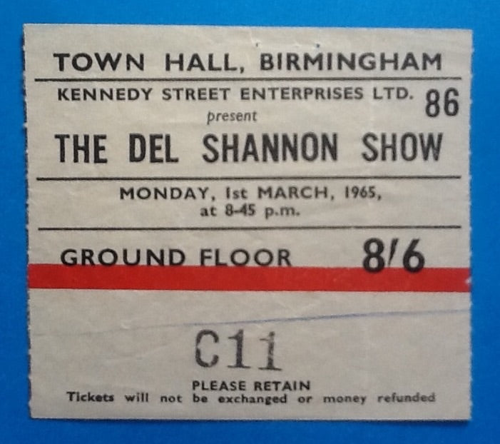 Del Shannon Original Used Concert Ticket Birmingham 1965
