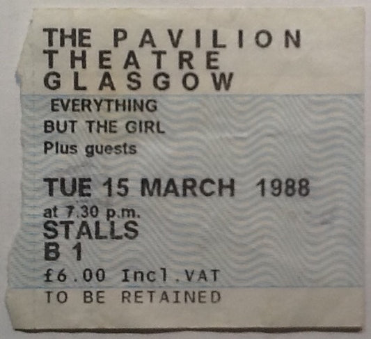 Everthing But The Girl Original Used Concert Ticket Glasgow Pavilion Theatre 1988