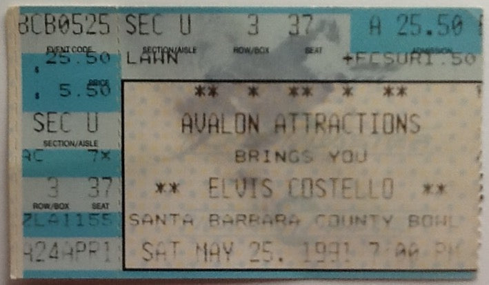 Elvis Costello Original Used Concert Ticket Santa Barbara County Bowl 1991