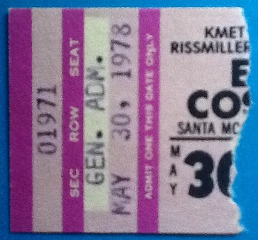 Elvis Costello Original Used Concert Ticket Santa Monica 1978