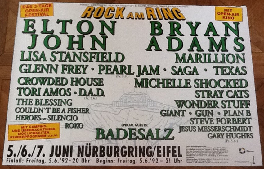 Elton John Pearl Jam Brian Adams Original Concert Tour Gig Poster Nurburgring 1992
