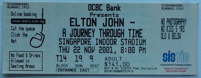 Elton John Original Unused Concert Ticket Singapore Indoor Stadium 2001