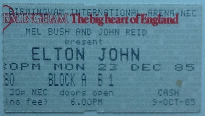 Elton John Original Used Concert Ticket NEC Arena Birmingham 23rd Dec 1985
