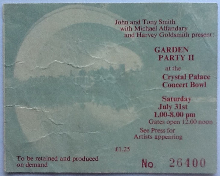 Elton John Yes Rory Gallagher Original Concert Ticket Crystal Palace Garden Party II 1971