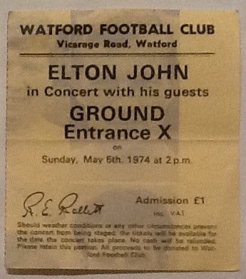 Elton John Original Used Concert Ticket Watford Football Club 1974