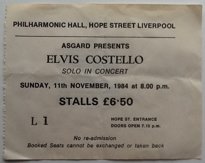 Elvis Costello Original Used Concert Ticket Philharmonic Hall Liverpool 1984