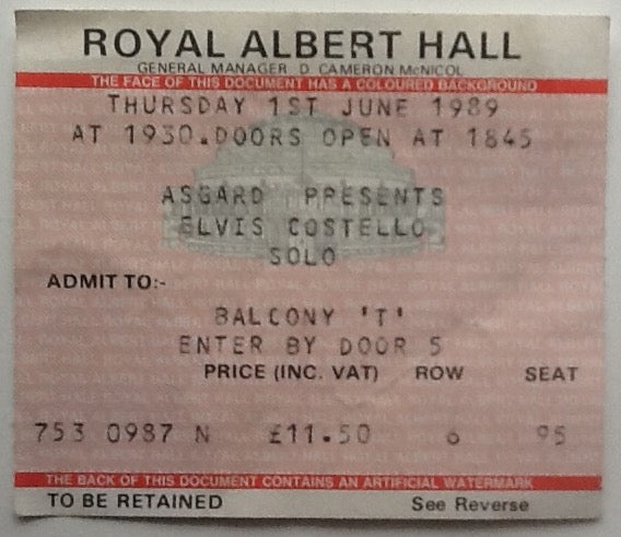 Elvis Costello Original Used Concert Ticket Royal Albert Hall London 1st Jun 1989