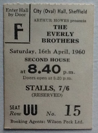 Everly Brothers The Crickets Original Used Concert Ticket City Hall Sheffield 1960