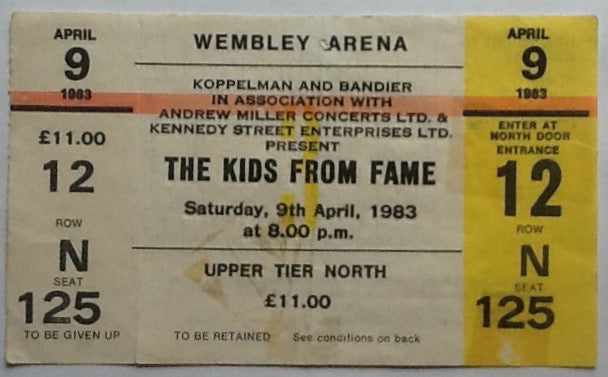 Kids From Fame Original Unused Concert Ticket Wembley Arena London 1983