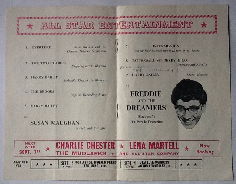 Freddie & the Dreamers Susan Maughan Original Concert Programme Queens Theatre Blackpool 1964