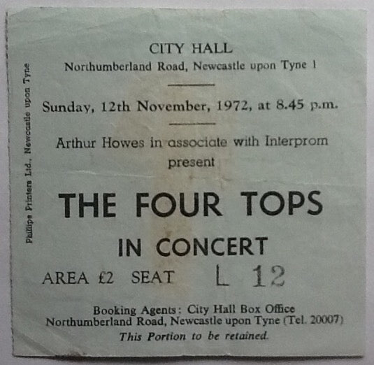 Four Tops Original Used Concert Ticket City Hall Newcastle 1972