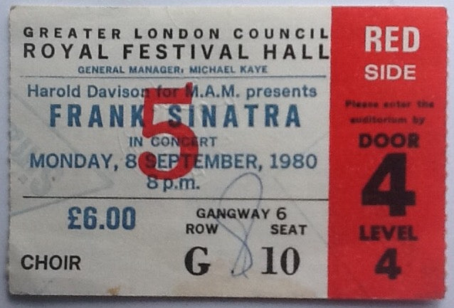 Frank Sinatra Original Used Concert Ticket Royal Festival Hall London 8th Sept 1980