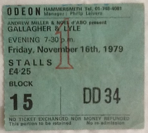 Gallagher & Lyle Original Used Concert Ticket Hammersmith Odeon London 16th Nov 1979