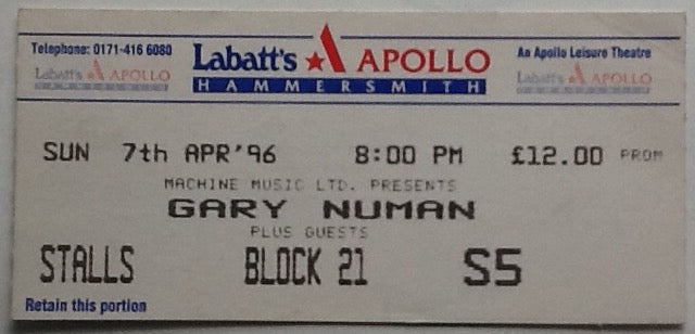 Gary Numan Original Used Concert Ticket Labatt’s Apollo Hammersmith London 1996