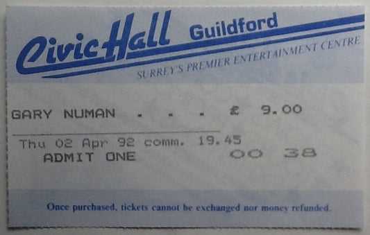 Gary Numan Original Used Concert Ticket Civic Hall Guildford 1992