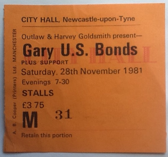 Gary U.S. Bonds Original Used Concert Ticket City Hall Newcastle 1981