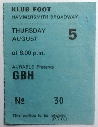 GBH Original Used Concert Ticket Klub Foot Clarendon Hotel London 1982