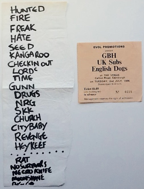 GBH UK Subs Original Used Concert Ticket and Handwritten Setlist Venue Edinburgh 1996