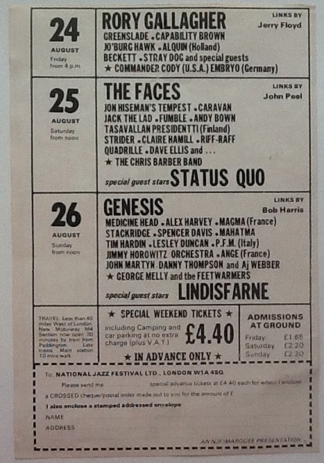 Genesis Faces Concert Handbill Flyer 12th National Jazz Blues Rock Festival Reading 1973