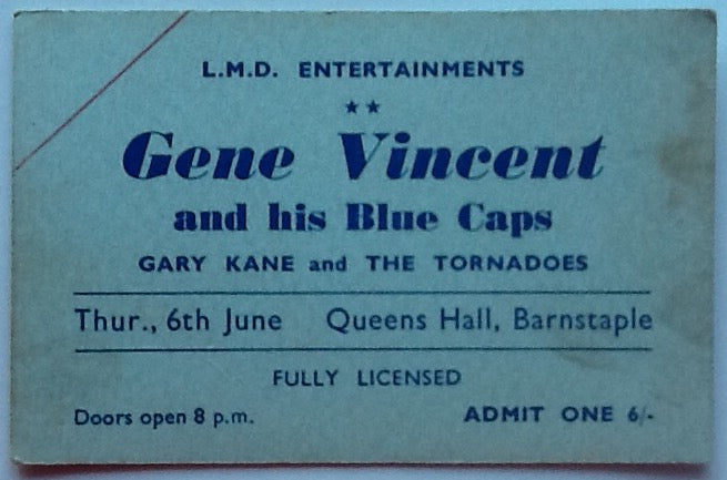 Gene Vincent Original Concert Ticket Queens Hall Barnstaple 1963