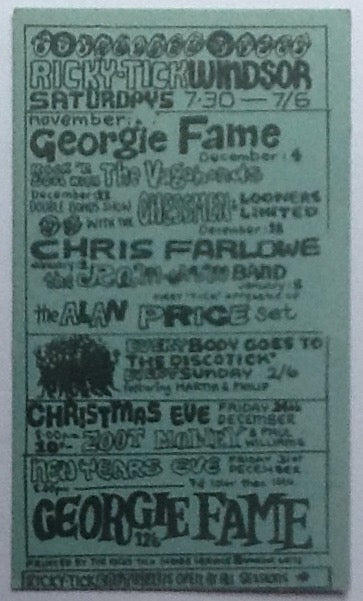 Georgie Fame Zoot Money Original Concert Handbill Flyer Ricky Tick Club Windsor 1965