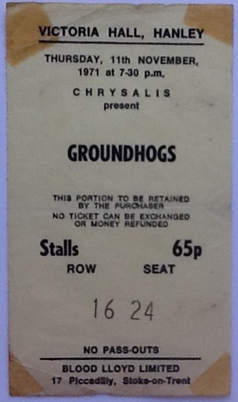 Groundhogs Original Used Concert Ticket Victoria Hall Hanley 1971