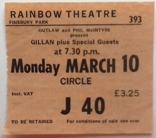 Ian Gillan Original Used Concert Ticket Rainbow Theatre Finsbury Park London 10th Mar 1980