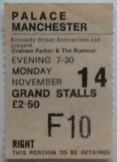 Graham Parker Original Used Concert Ticket Palace Theatre Manchester 1977