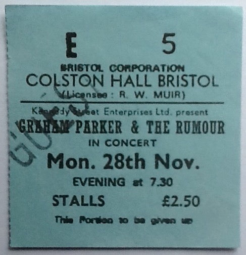 Graham Parker & The Rumour Original Used Concert Ticket Colston Hall Bristol 1977