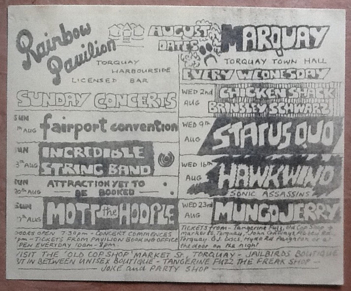 Hawkwind Mott The Hoople Status Quo Original Concert Handbill Flyer Rainbow Pavilion Town Hall Torquay 1972
