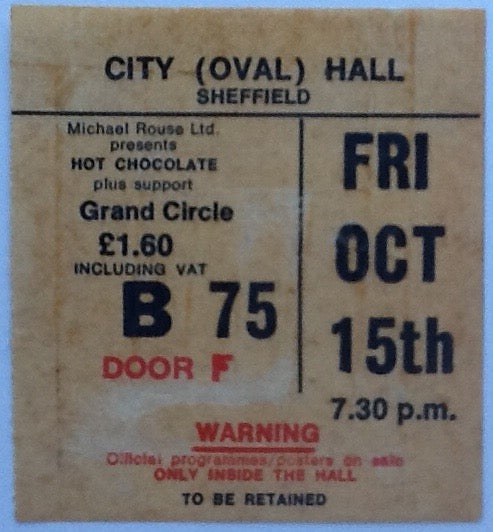 Hot Chocolate Original Used Concert Ticket City Hall Sheffield 1976