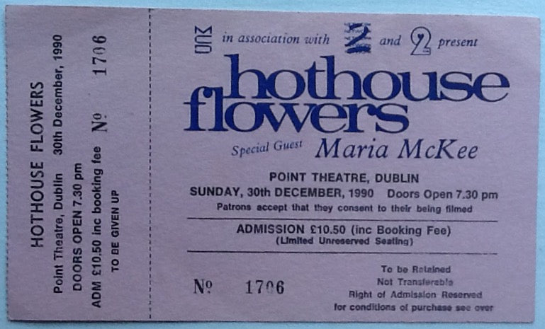 Hothouse Flowers Original Unused Concert Ticket Point Theatre Dublin 30 Dec 1990