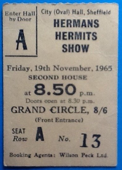 Herman&#39;s Hermits Billy Fury Original Used Concert Ticket Sheffield 1965