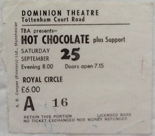 Hot Chocolate Original Used Concert Ticket Dominion Theatre London 1982