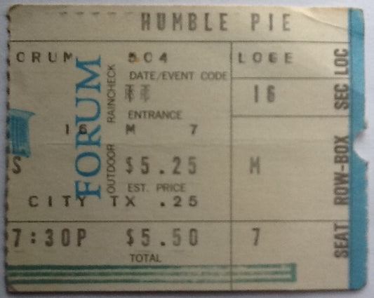 Humble Pie Original Used Concert Ticket Forum Los Angeles 1973