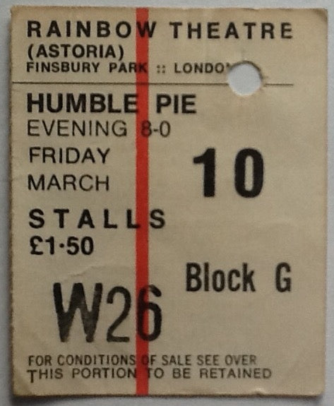 Humble Pie Original Used Concert Ticket Rainbow Theatre London 1972