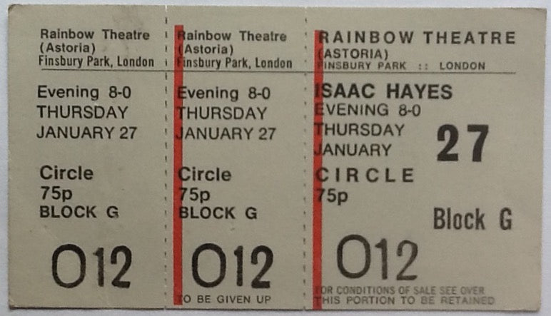 Isaac Hayes Original Unused Concert Ticket Rainbow Theatre London 1972