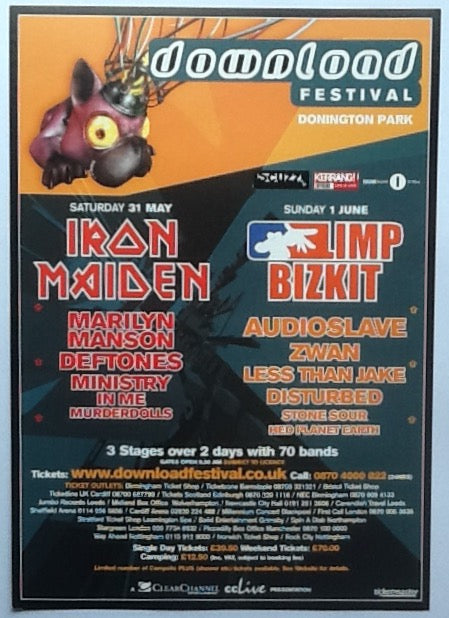 Iron Maiden Marilyn Manson Limp Bizkit Original Concert Handbill Flyer Download Festival 2003