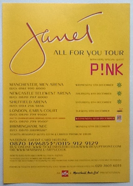 Janet Jackson P!nk Original Concert Handbill Flyer All For You Tour 2001